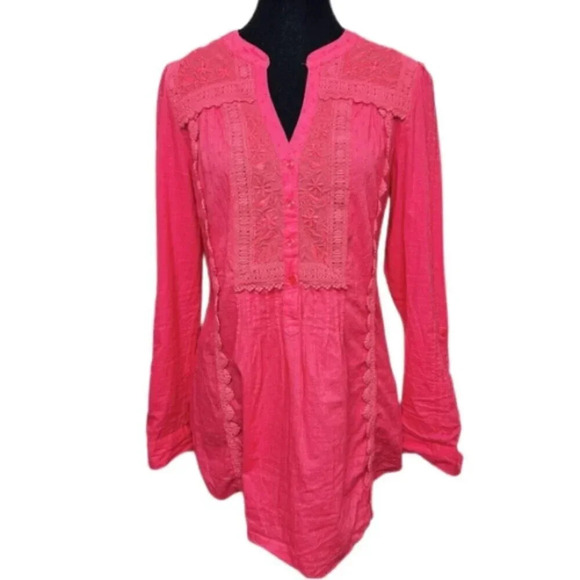 Anthropologie Tops - LEIFNOTES  Anthropologie Womens 6 Embroidered Coral Swiss Dot Tunic